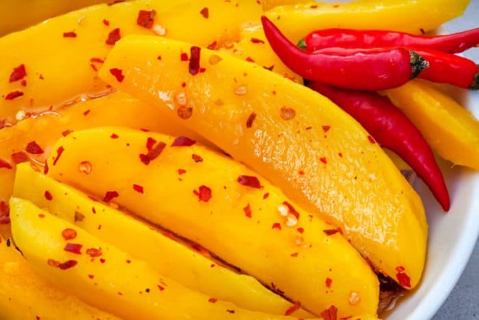 Mango, Chili and honey salad on mottled gray