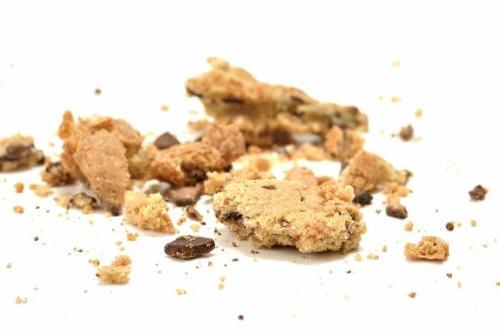 Cookie crumbs from chocolate chip cookies