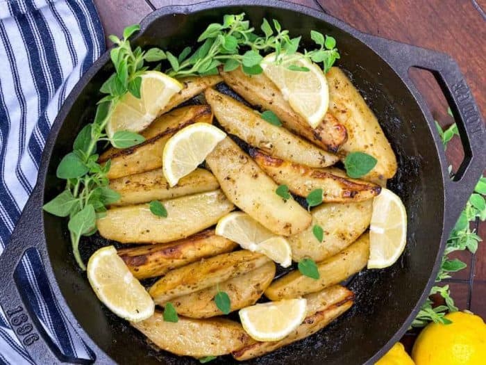 perfectly crispy potato wedge, subtly infused with the zest of fresh lemon and the warmth of a myriad of Mediterranean spices cooked on a skillet