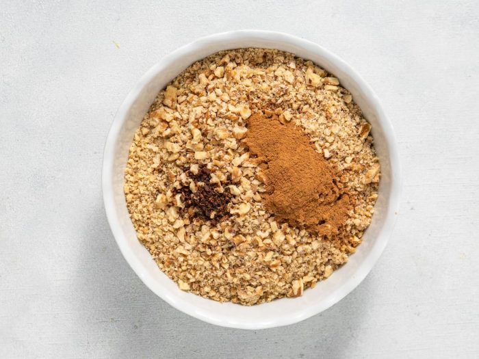 Add walnuts to a food processor and pulse until finely chopped. In a medium bowl, combine chopped walnuts, cinnamon, and clove.