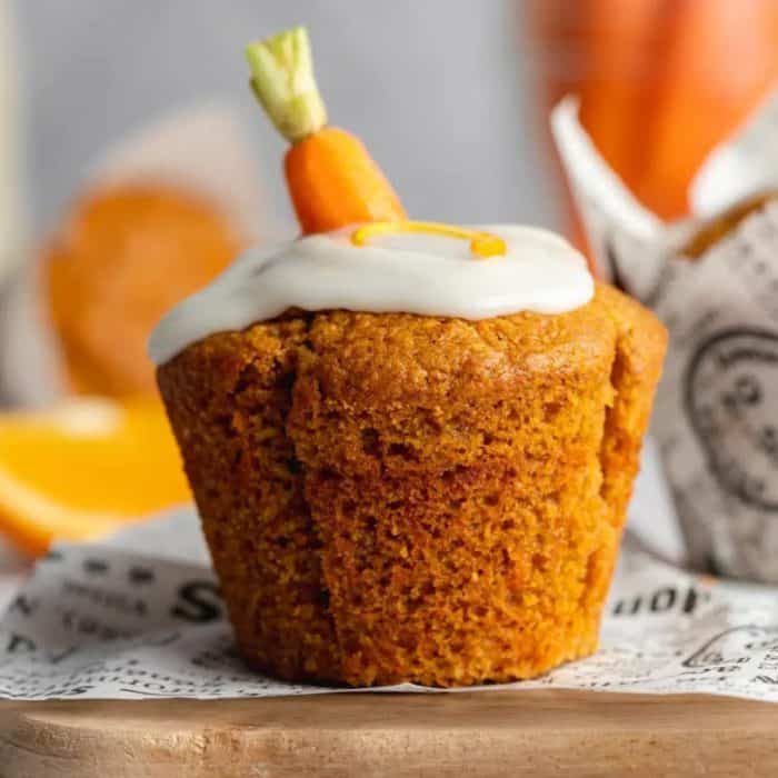 These vegan carrot muffins are a perfect blend of sweetness and spice. Their tangy cream cheese glaze is the perfect topping to bring all the ingredients together.