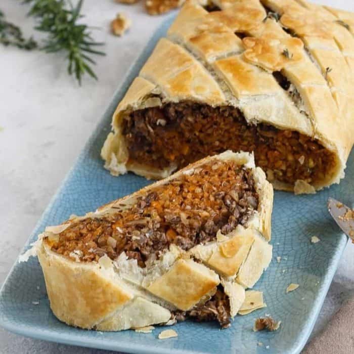 This vegan beef Wellington is an exquisite entree that wraps succulent plant-based meat in a flaky pastry shell.