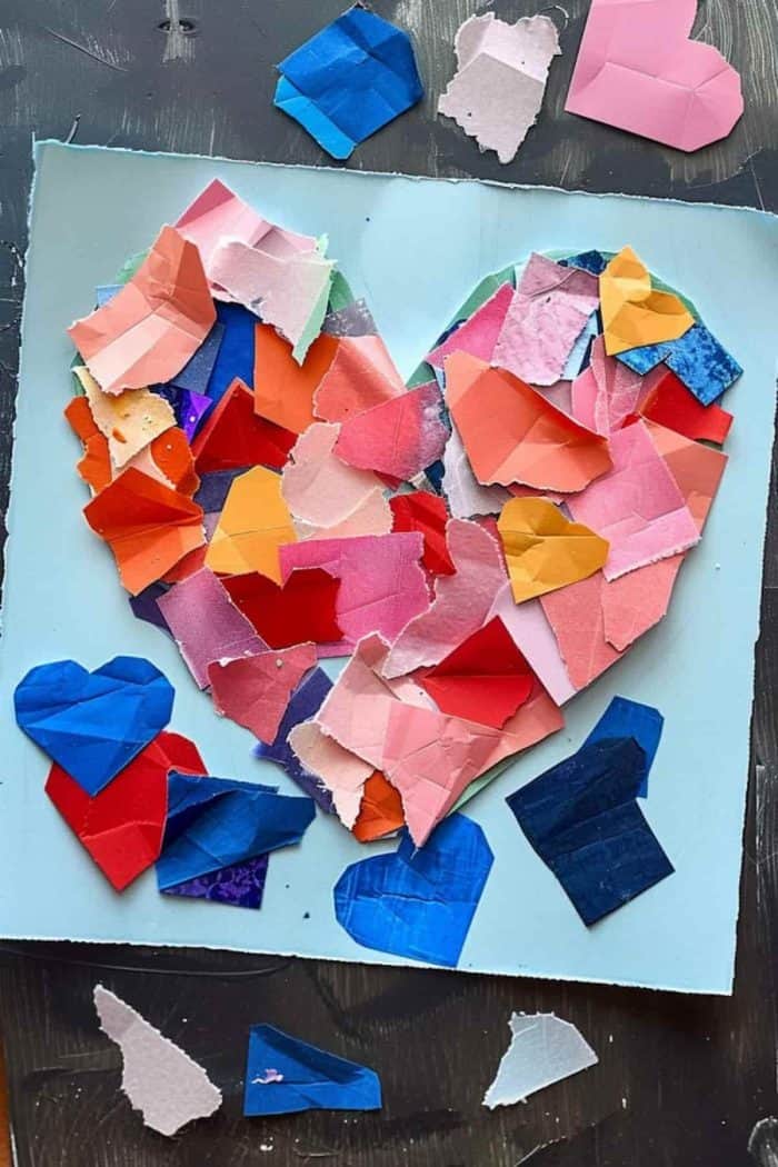 Kiddos can use torn construction paper to form abstract heart collages that are as unique as their creative instincts.