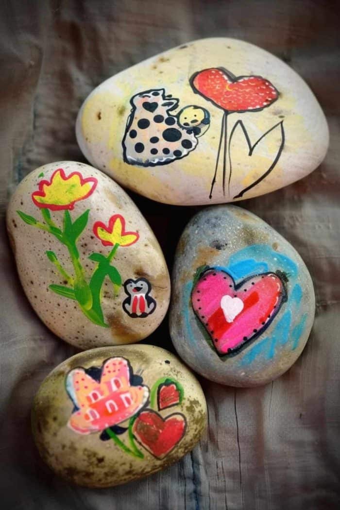 These smooth stones are adorned with painted images of flowers and hearts for a craft that can bring tears to any mother’s eyes.