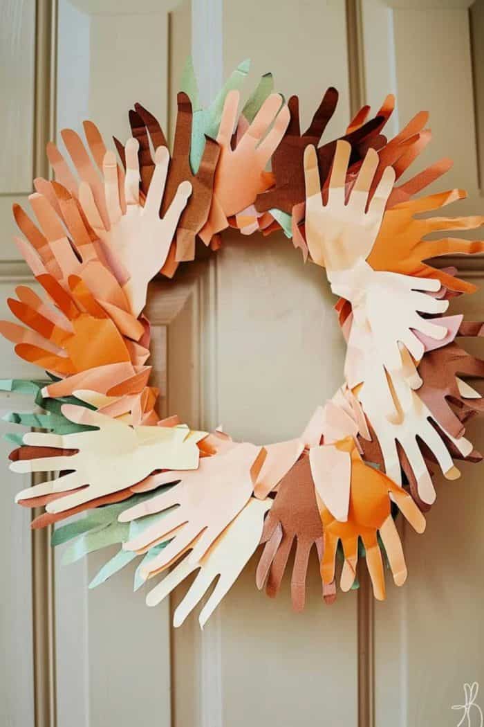 Hand cutouts made from construction paper form a wreath of warm welcomes, symbolizing the loving embrace of a family.