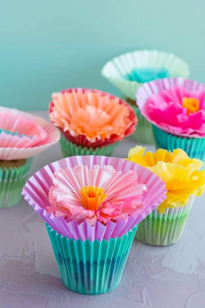 This playful twist on Mother's Day flowers brings a dash of whimsical imagination, with colorful cupcake liners used to create pretty blooms.