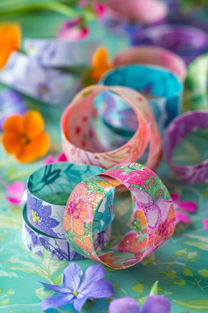 Young ones will love cutting strips of paper with floral prints, shaping them into elegant rings, and decorating them with glitter. A craft that combines simplicity with sentiment!