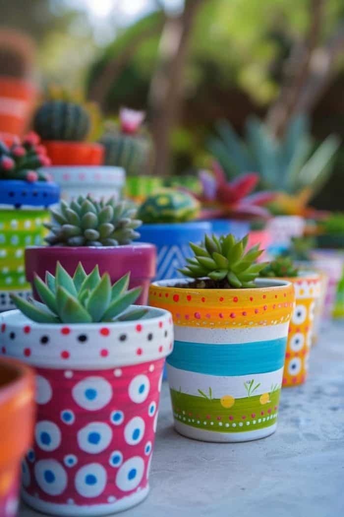 Dots, stripes, fruits, and shapes in different colors can be painted onto pots. This is a crafting activity that children of all ages can easily participate in.