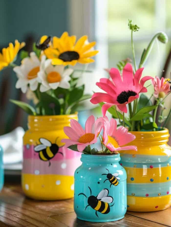 Upcycling small jars into petite vases and painting bees on them gives older kids a lovely, easy-to-make Mother’s Day gift. Each is a unique home for mom’s favorite flowers.