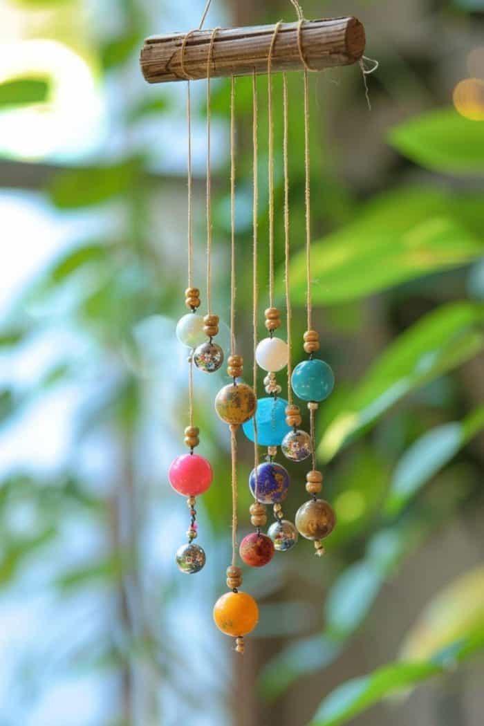 Reclaimed metals, wood, and colorful beads or bells can be used to create DIY wind chimes, which give Mom a break from a busy day and allow her to relax.