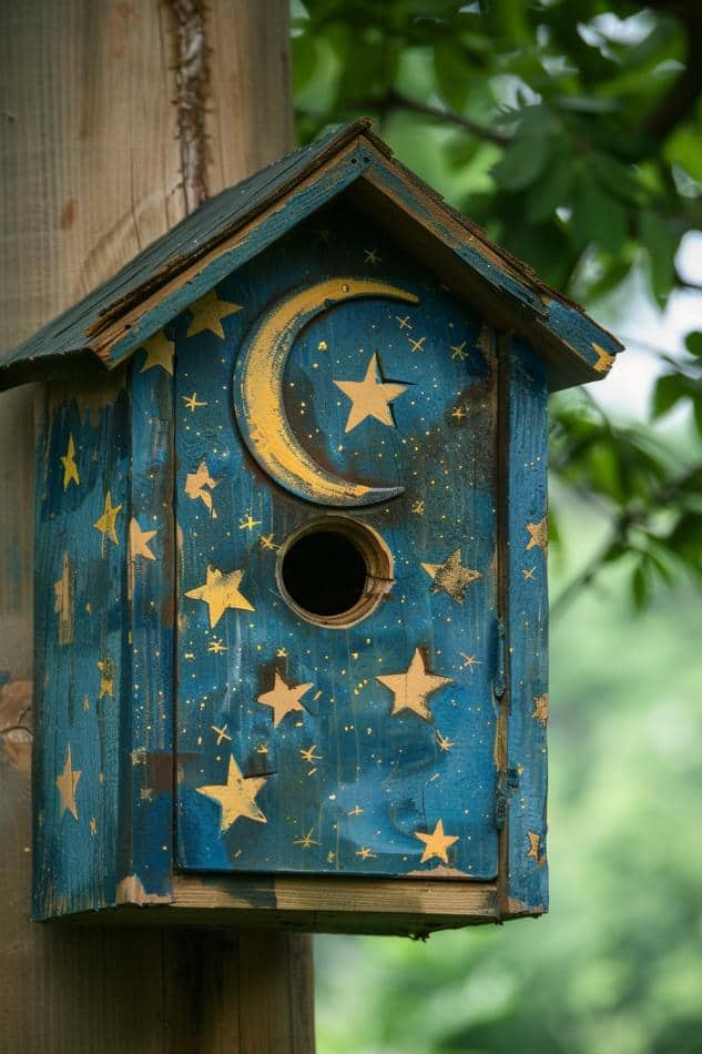 Capturing the mystique of a starry night sky with a crescent moon, this birdhouse is a nighttime oasis for beloved birds. 