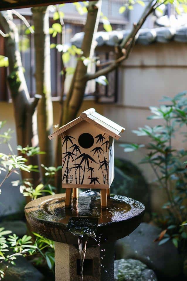 The minimalist approach of a Zen painting with bamboo creates a tranquil environment in your garden. 