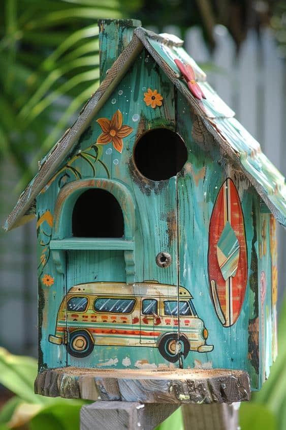 Channeling the free-spirited vibe of the 70s, this birdhouse with a retro camper van and surfboard is excellent for bird lovers who are always ready for an adventure.