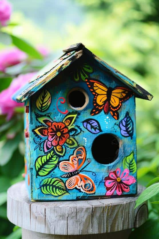 An array of colorful butterflies makes this birdhouse look whimsical and enchanting, with their fluttering wings complemented by beautiful leaves and flowers.  