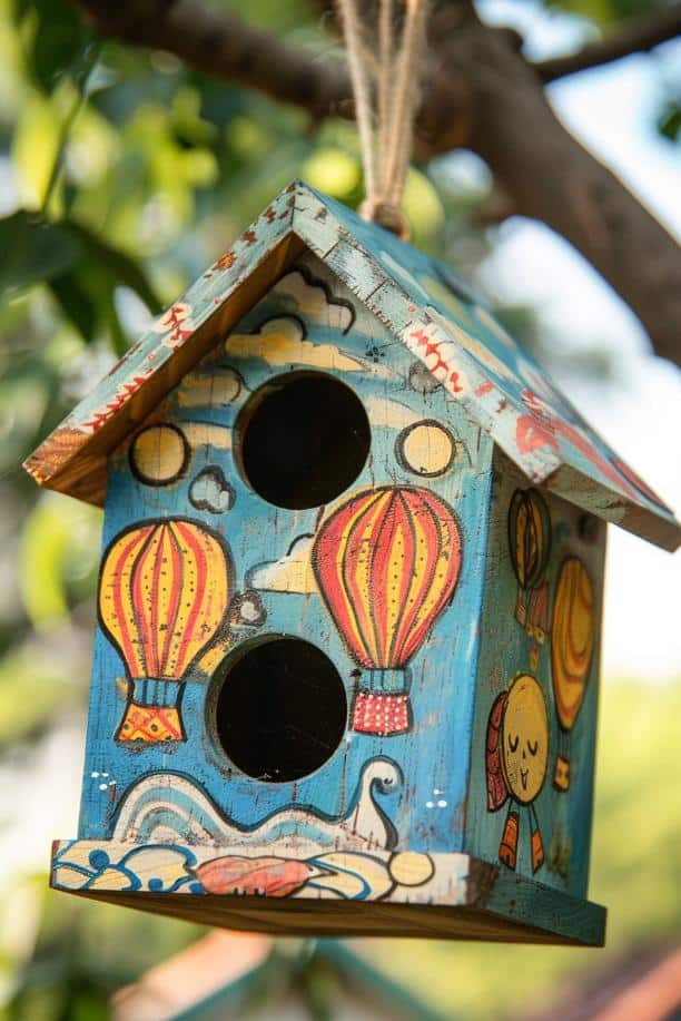With hot air balloons floating across a clear blue sky, this birdhouse painting idea brings a slice of the open sky to your garden, inviting birds to nest among the clouds.