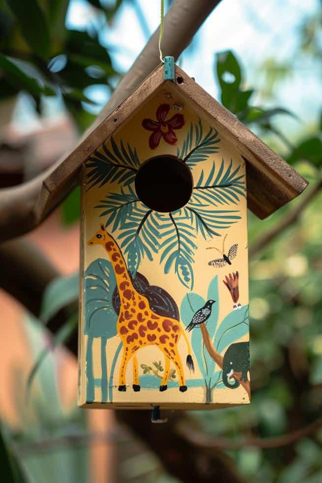Transform your garden into a jungle with a birdhouse that boasts a vivid safari theme with various animals. 