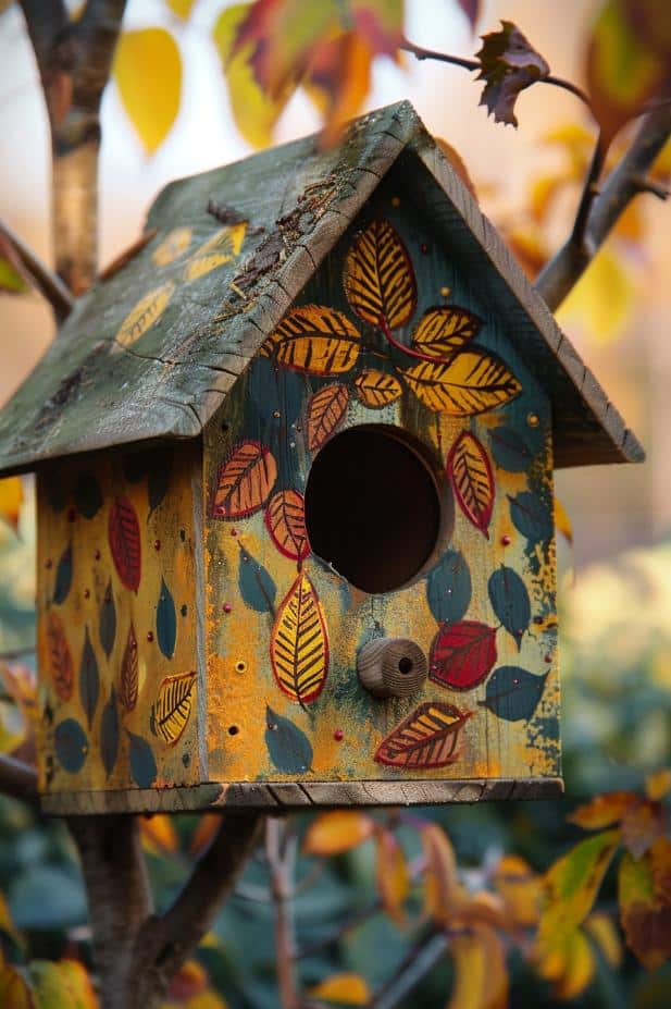 The beauty of fall is captured in this birdhouse, embellished with leaves in autumn-inspired yellows, reds, and blues. 