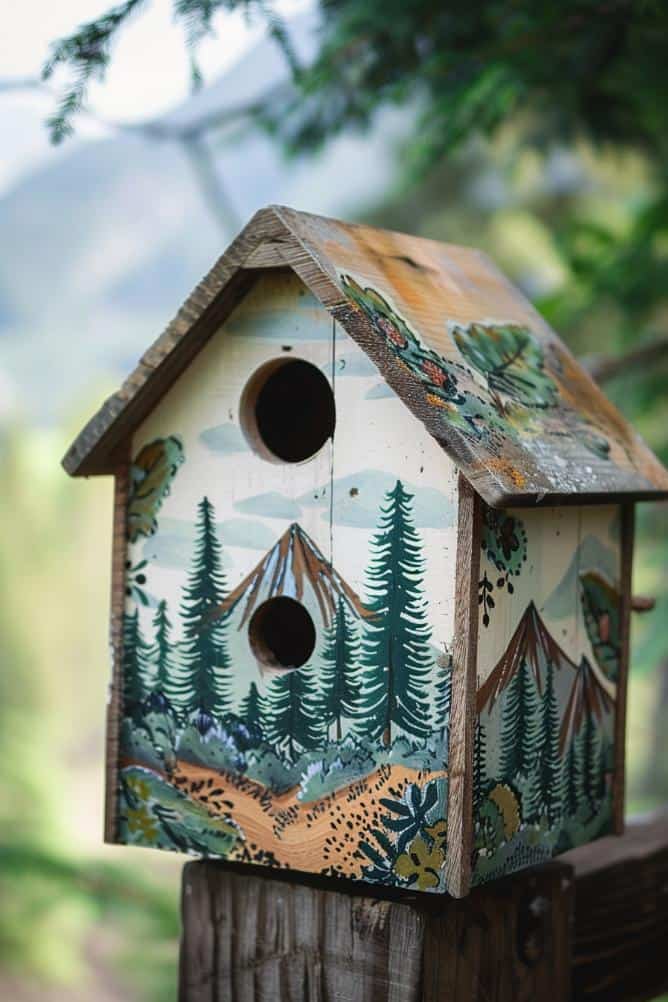 Offering a bird’s eye view of majestic mountains and pine trees, this birdhouse is a nod to the splendor of the great outdoors. 