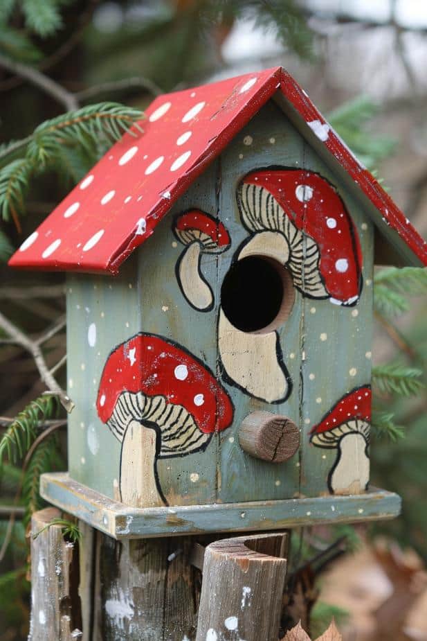 This charming birdhouse with painted mushrooms and a vivid red roof with white spots stands out among the garden's greenery. 