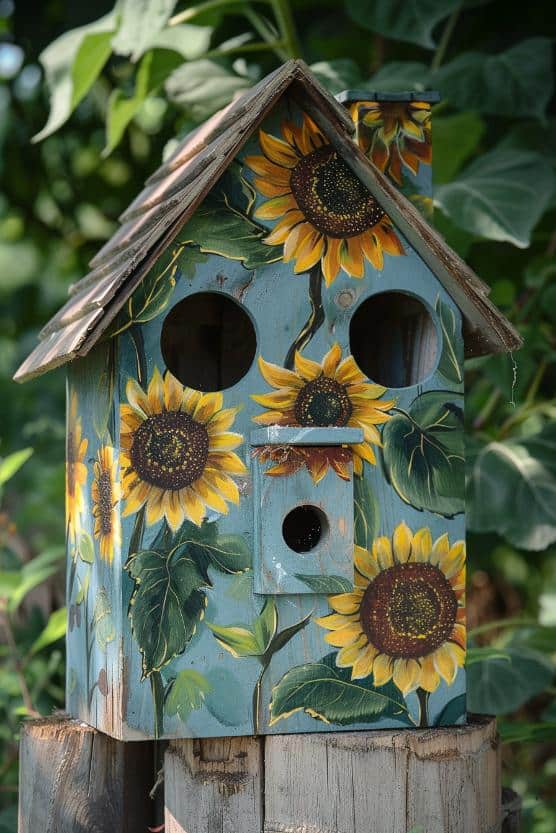 You can almost feel the warm sunshine on your skin with this rustic birdhouse, which features a hand-painted sunflower field. 