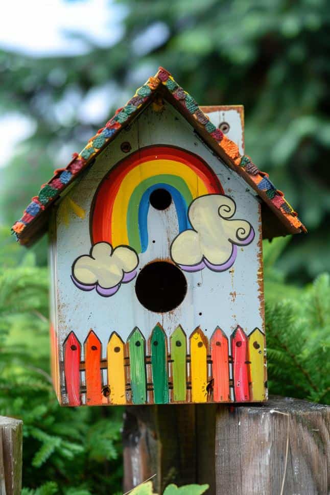 Infuse your garden with the joy of a storybook scene by painting a vibrant rainbow, a rainbow-colored picket fence, and soft, billowing clouds on your birdhouse. 