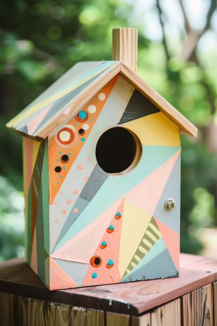 Using soft pastel paint to create geometric shapes on your birdhouse helps you achieve a modern but welcoming style. 