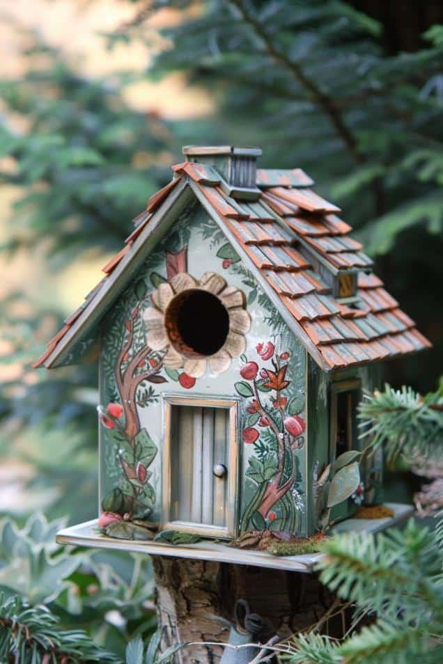 This nature-inspired birdhouse is a woodland retreat with its forest setting and charming woodland creatures. 