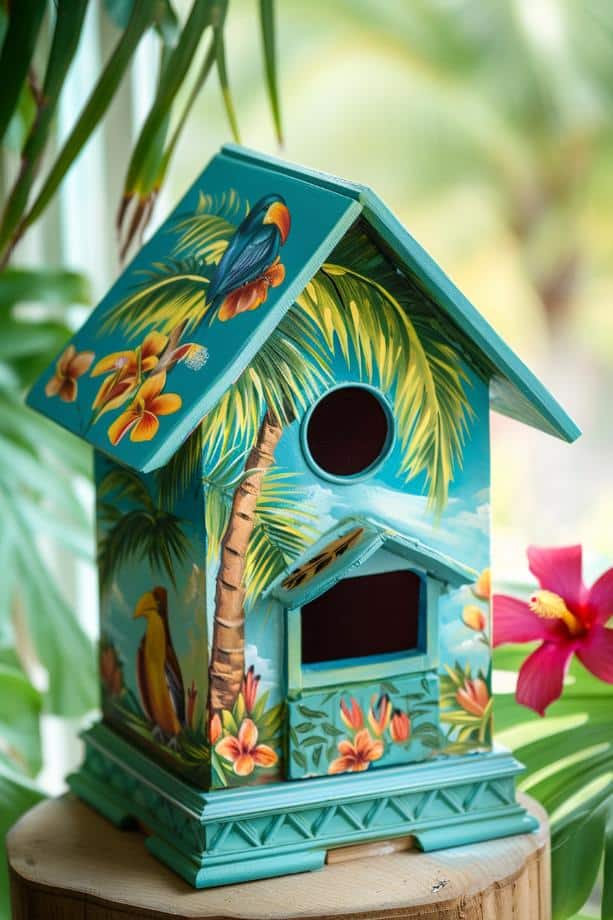 Swaying palm trees and exotic birds turn this painted birdhouse into a summer paradise. Set beside tropical plants like palms and flowers like hibiscus, it calls to mind a sunny getaway. 