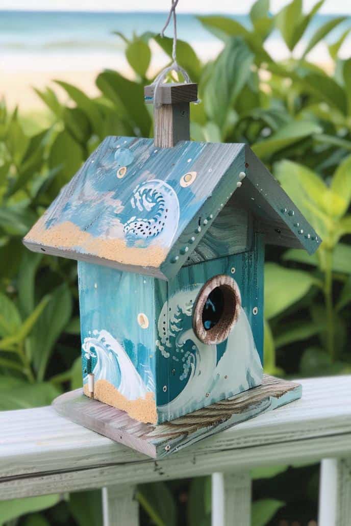 With serene ocean waves and white sand, this birdhouse captures the soothing essence of the shore. It’s a tranquil sanctuary for birds and a stunning conversation starter in your garden.