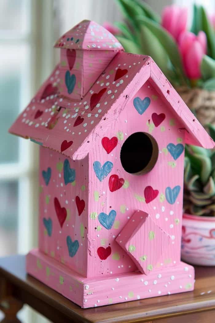 Pretty and romantic, this pink birdhouse with cutesy hearts and dots is a great design for Valentine’s Day. 