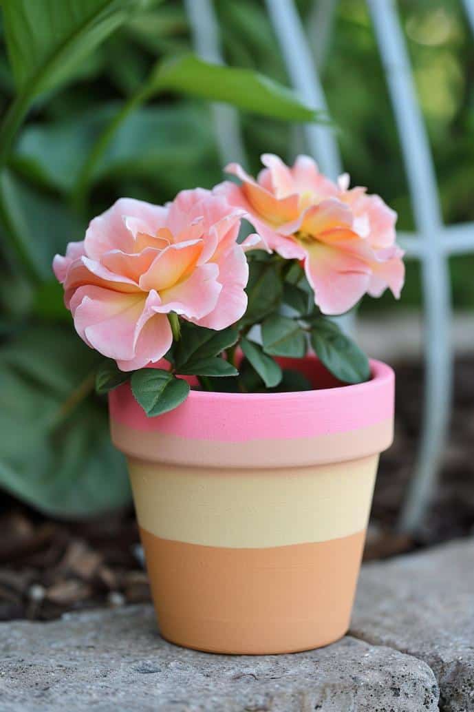 A terracotta pot comes to life with pink, yellow, and orange stripes, reminiscent of a serene dawn's first light. 