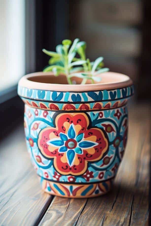 Drawing inspiration from the intricate designs of Moroccan tiles, this pot features vividly colored designs that give it the appearance of a treasured artifact.  