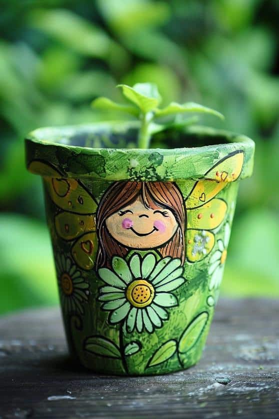 Bring a touch of whimsy and fantasy to your garden with a painting of a magical fairy against a light green backdrop! 