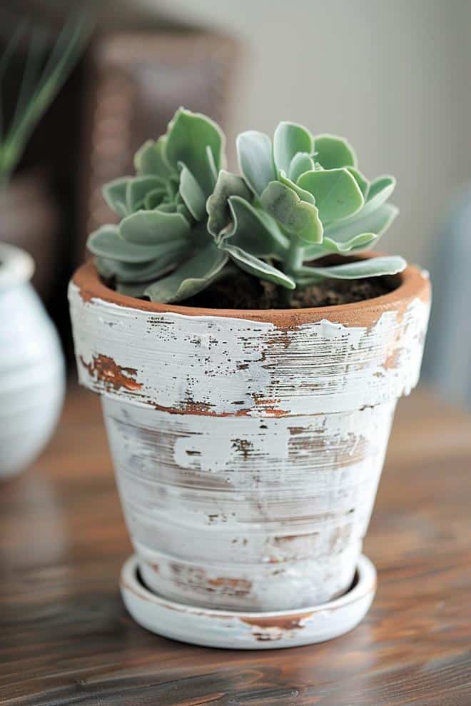 Use white acrylic paint to make your flower pot look weathered and distressed. This is perfect for a rustic, time-worn appearance.