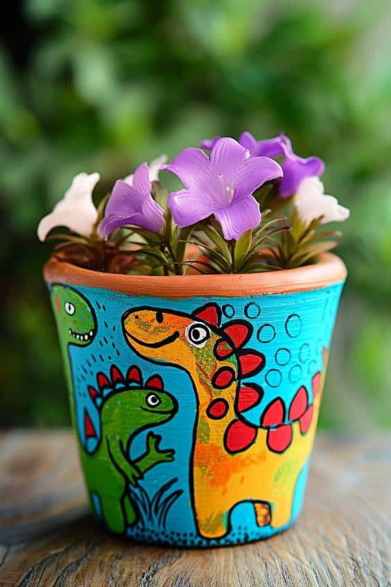 With a delightful parade of cartoon dinosaurs rendered in childlike scribbles, the art on this flower pot captures the imagination of the young and young at heart and creates a prehistoric playground for your plants.