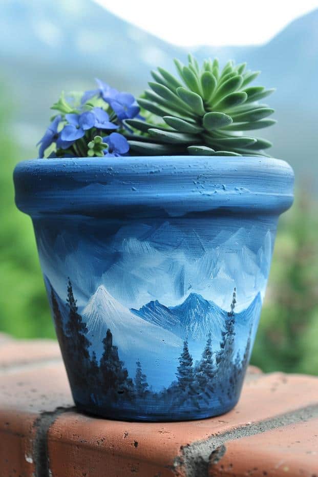 A mountainscape painted across this pot presents a tranquil scene, which captures the majestic calm and the awe-striking splendor of the great outdoors.