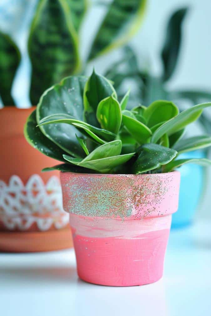 With a coating of pink paint and a stroke of glitter, these flower pots catch the sunlight and brighten any nook. 