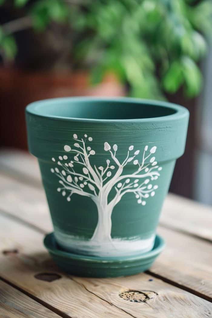 Against a background of deep green, the painted silhouette of a single bare tree stands tall on this pretty flower pot and evokes the mystique of a hidden forest. 