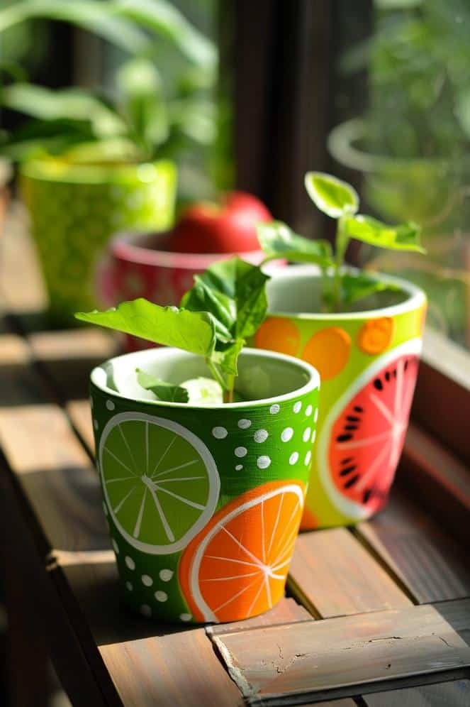Boasting a zesty array of painted citrus kiwi slices, these pots can bring a tangy twist to your kitchen window ledge or your small outdoor garden, energizing your space with vibrant hues.