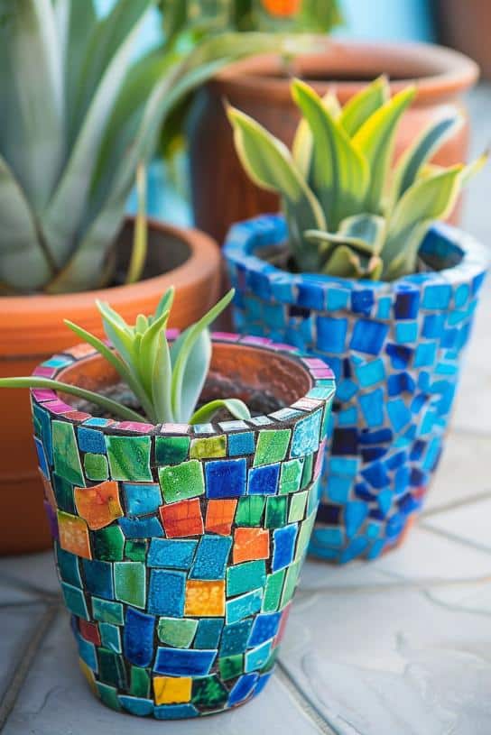 Across the surface of these pots are small square real tiles painted bright blue, green, and orange hues for a nature-inspired color scheme. 