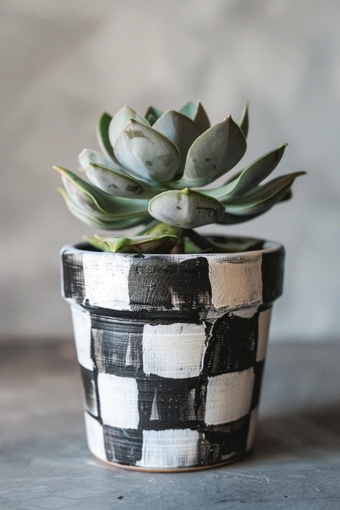 With a classic black-and-white checkerboard pattern, this painted pot has a bold, striking appearance. 