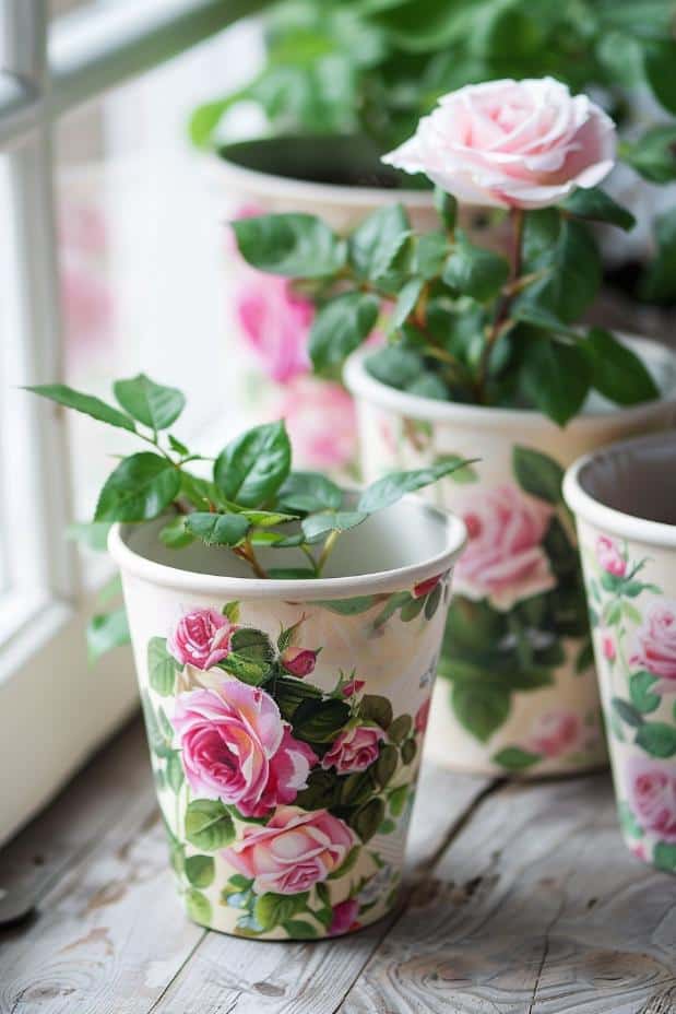Painted English garden roses on flower pots evoke the sophistication of a formal English garden and add a romantic touch to any space. 