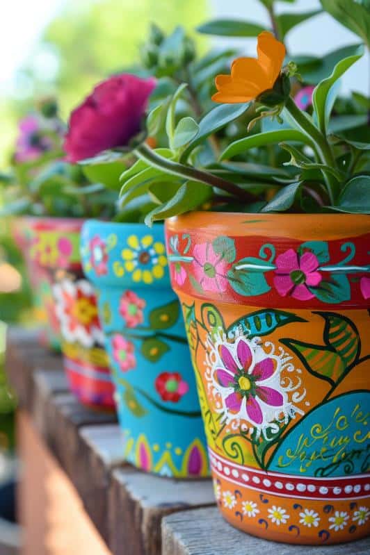 Featuring flowers, leaves, swirls, and dots, these painted pots breathe life into your flora and infuse your space with lively colors.