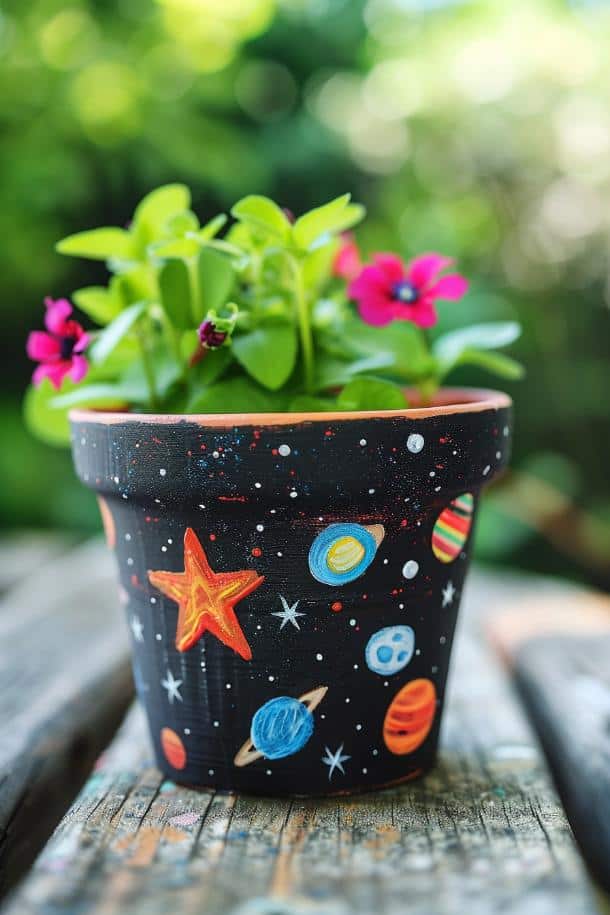 Go on a space adventure with stars and planets on your flower pots! 