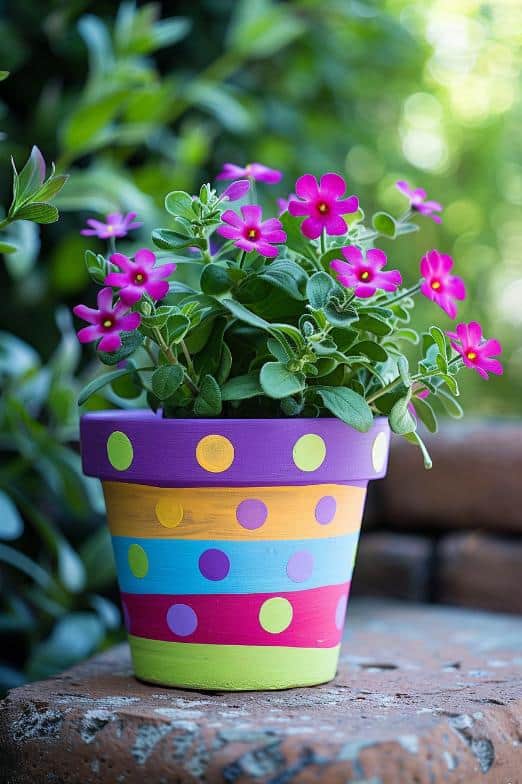 Stripes meet polka dots in a joyous display of classic design on this cheerful pot. Easy to create, the design can brighten any corner of your garden or home.