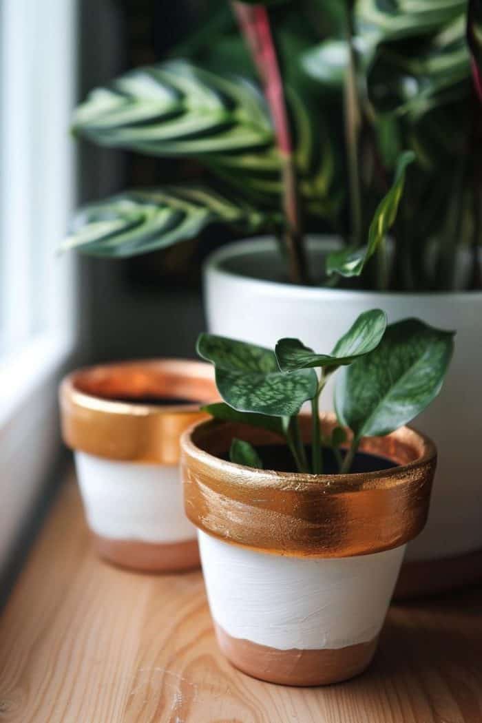 It features gilded accents on flower pots painted white, which give them a luxurious golden shimmer that takes them from plain to stunningly regal.