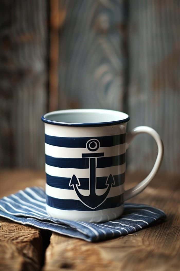 This mug features classic navy and white sailor stripes, accented with a bold, central anchor emblem that captures the essence of nautical adventure.
