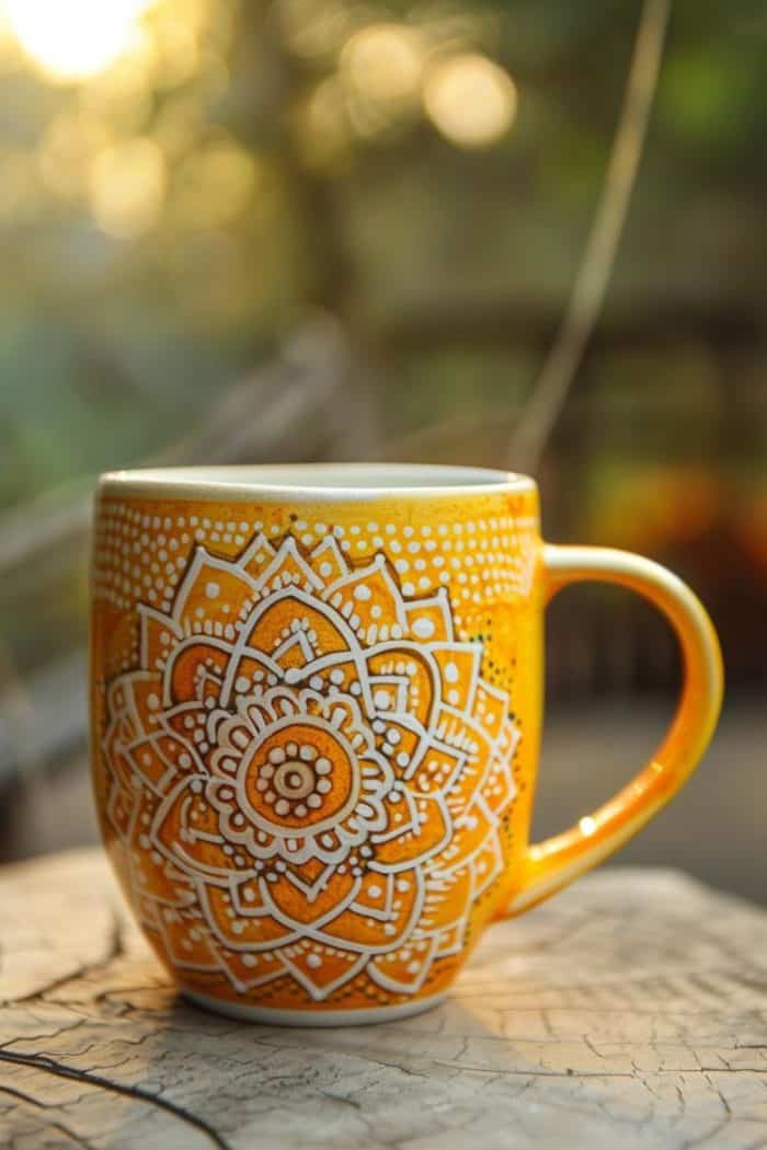 This yellow mug is adorned with intricate patterns of mandala artwork, featuring symmetrical designs radiating from the center.