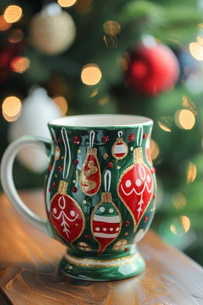 A festive array of holiday ornaments is painted on this mug, capturing the joyful essence of the season with vibrant reds, greens, and golds.