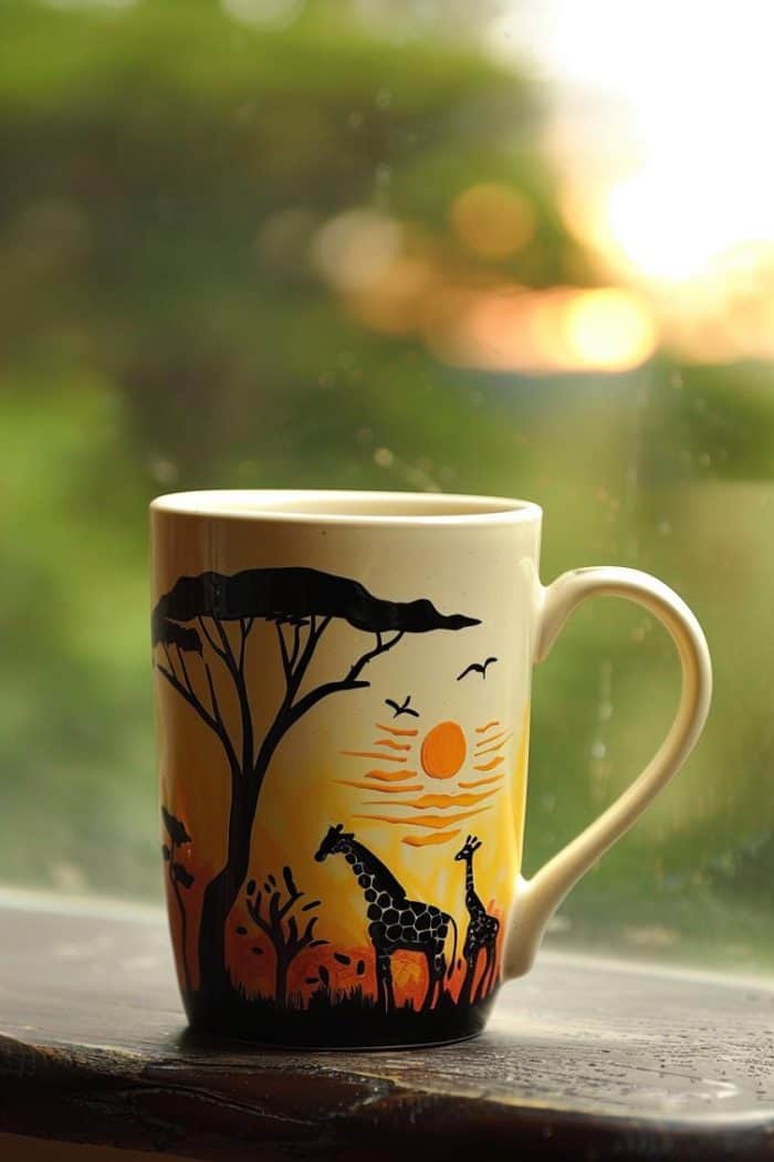 This mug features a procession of giraffe silhouettes, all rendered in stark contrast against the mug's background.